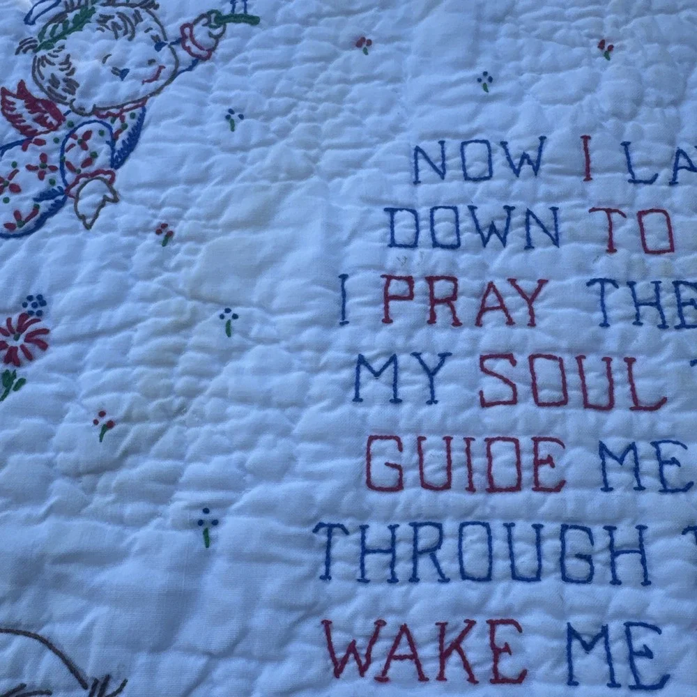 VTG Baby Crib Prayer Blanket 33x46 Angels Now I Lay Me Down To Sleep Embroidered